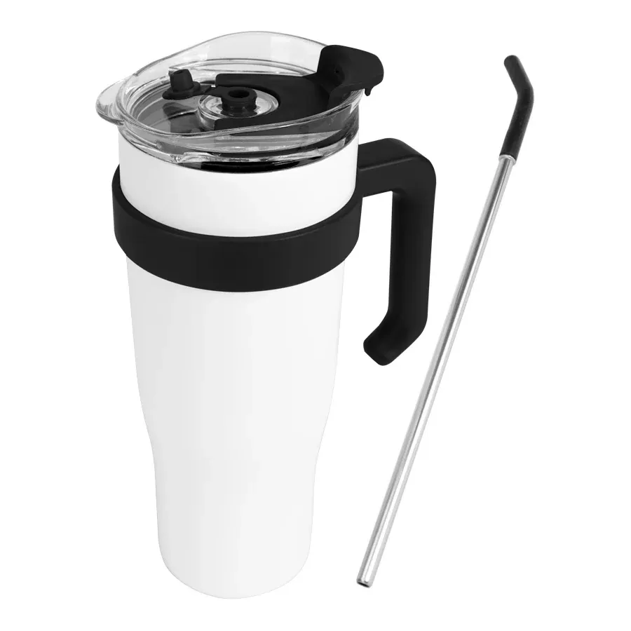 Mug térmico grande con bombilla, 1,2 L, color blanco con mango negro
