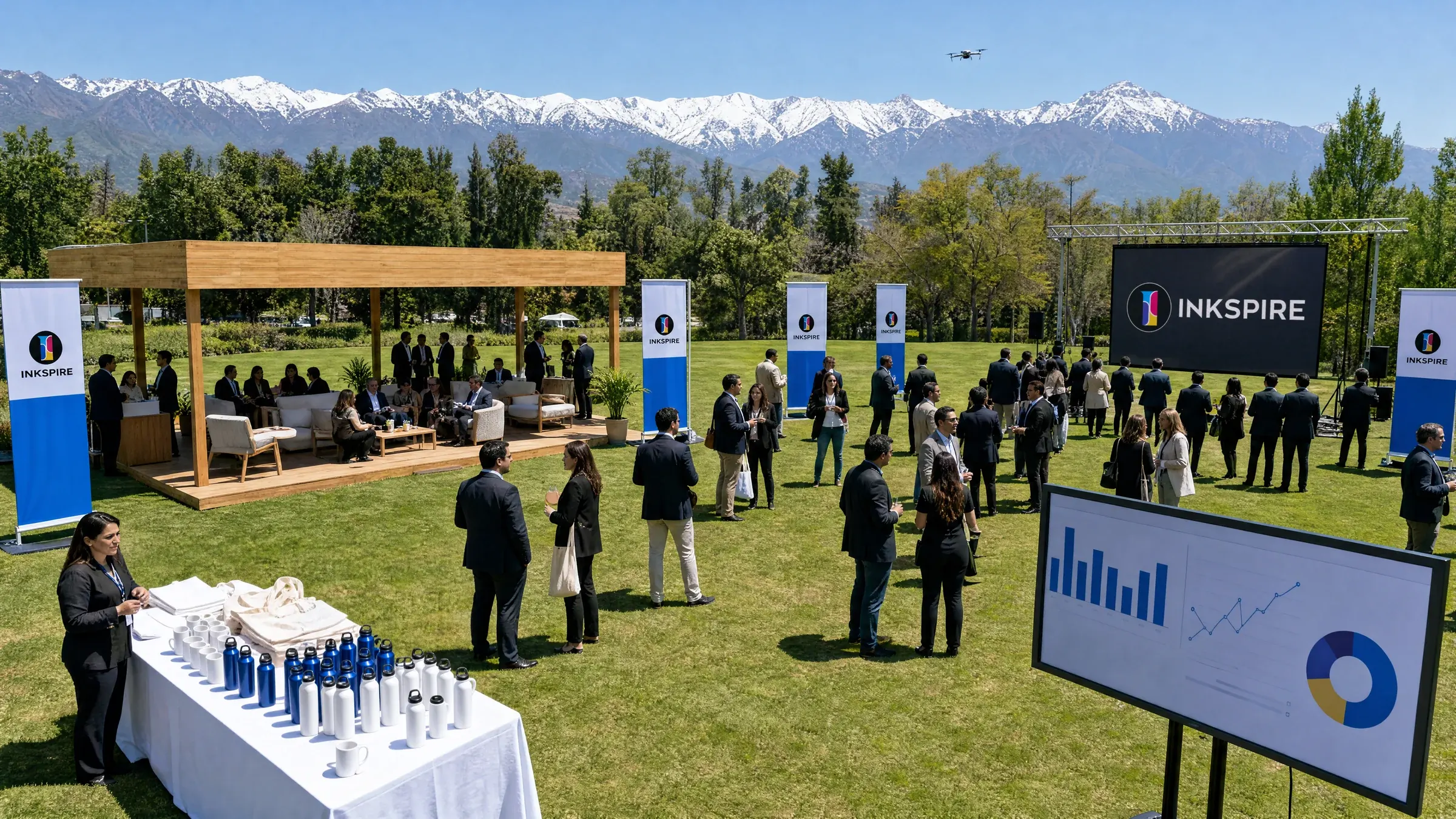 Plano general de un evento corporativo al aire libre sobre césped, con la cordillera nevada y un dron: stand de madera con lounge, pendones azules y blancos con el logo, una gran pantalla LED con el logo de Inkspire, un panel de métricas, una mesa con botellas, bolsas y mugs, y decenas de ejecutivos conversando