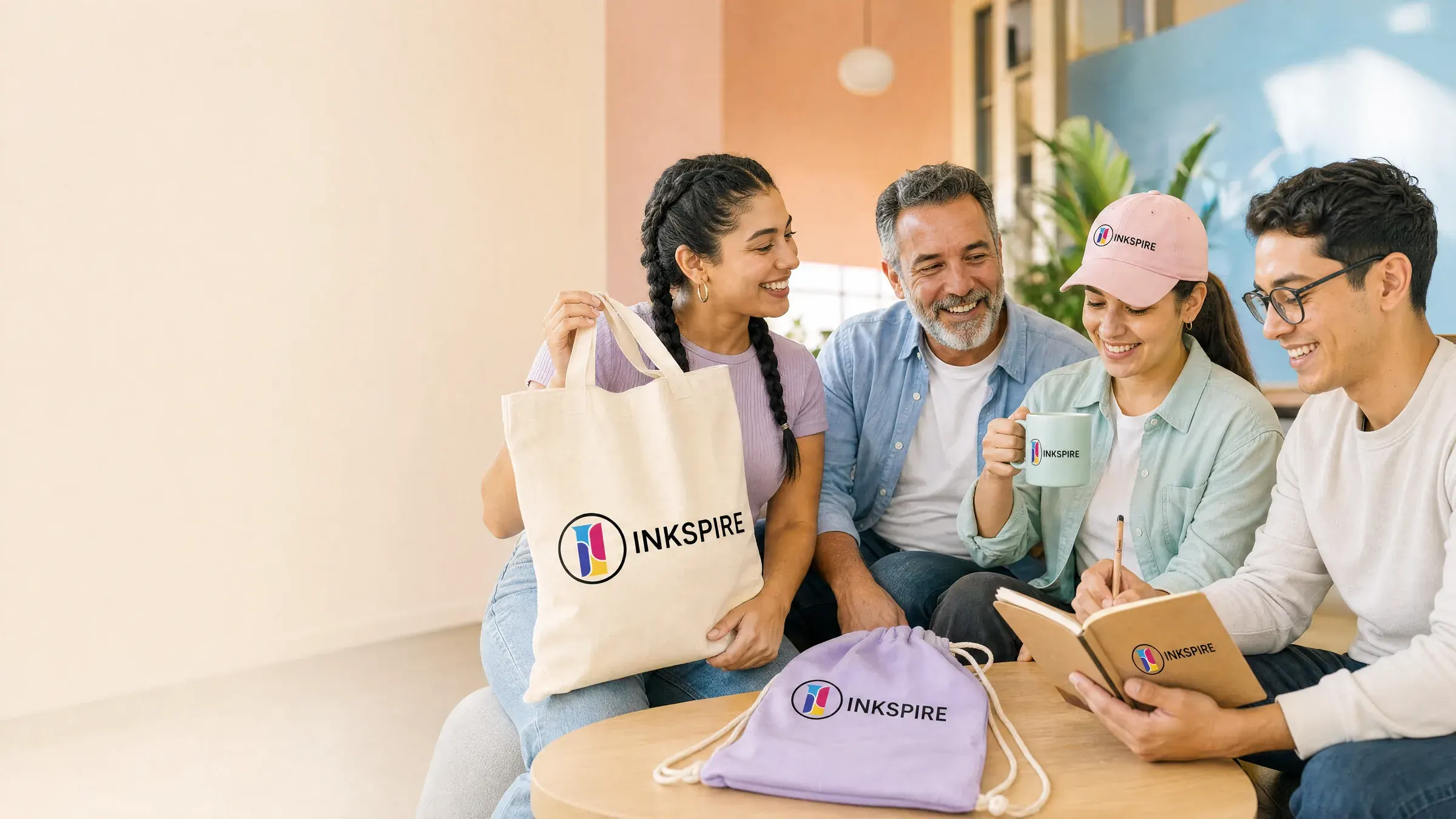 Equipo de trabajo con bolsa, mug, jockey, cuaderno y mochila saco personalizados con el logo de Inkspire